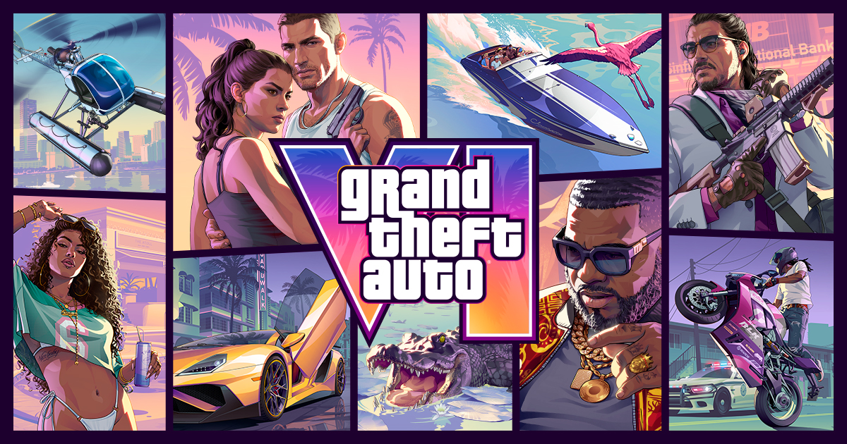 Arte oficial de Grand Theft Auto VI com Jason e Lucia diante do horizonte de Vice City
