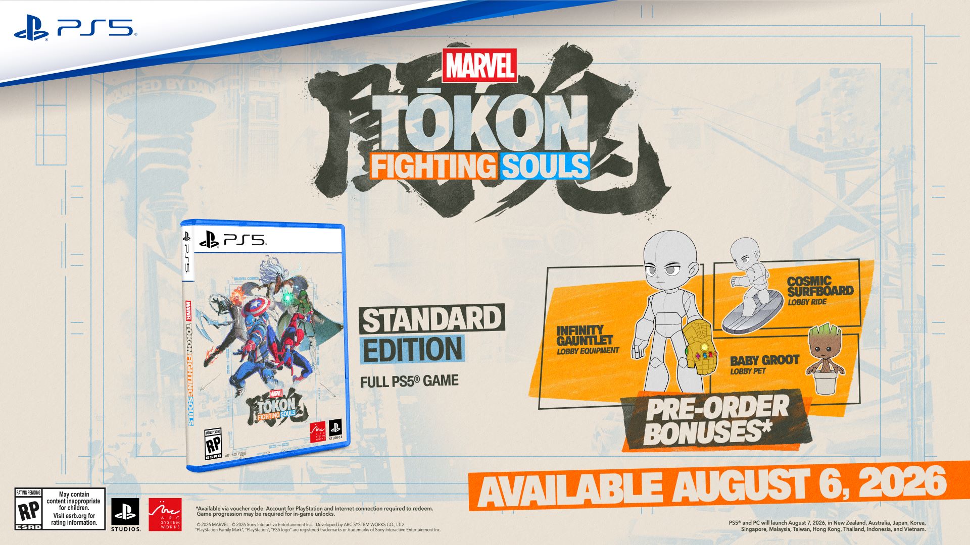 Arte oficial de MARVEL Tōkon Fighting Souls com heróis e vilões do elenco
