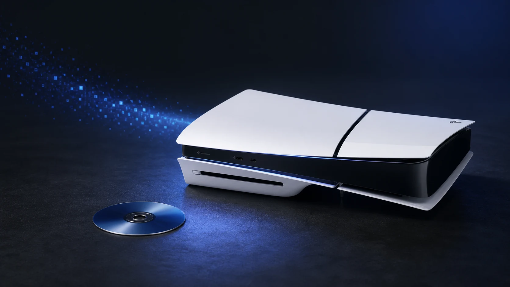 PlayStation 5 Slim com leitor e um disco em composição editorial sobre o fim das mídias físicas