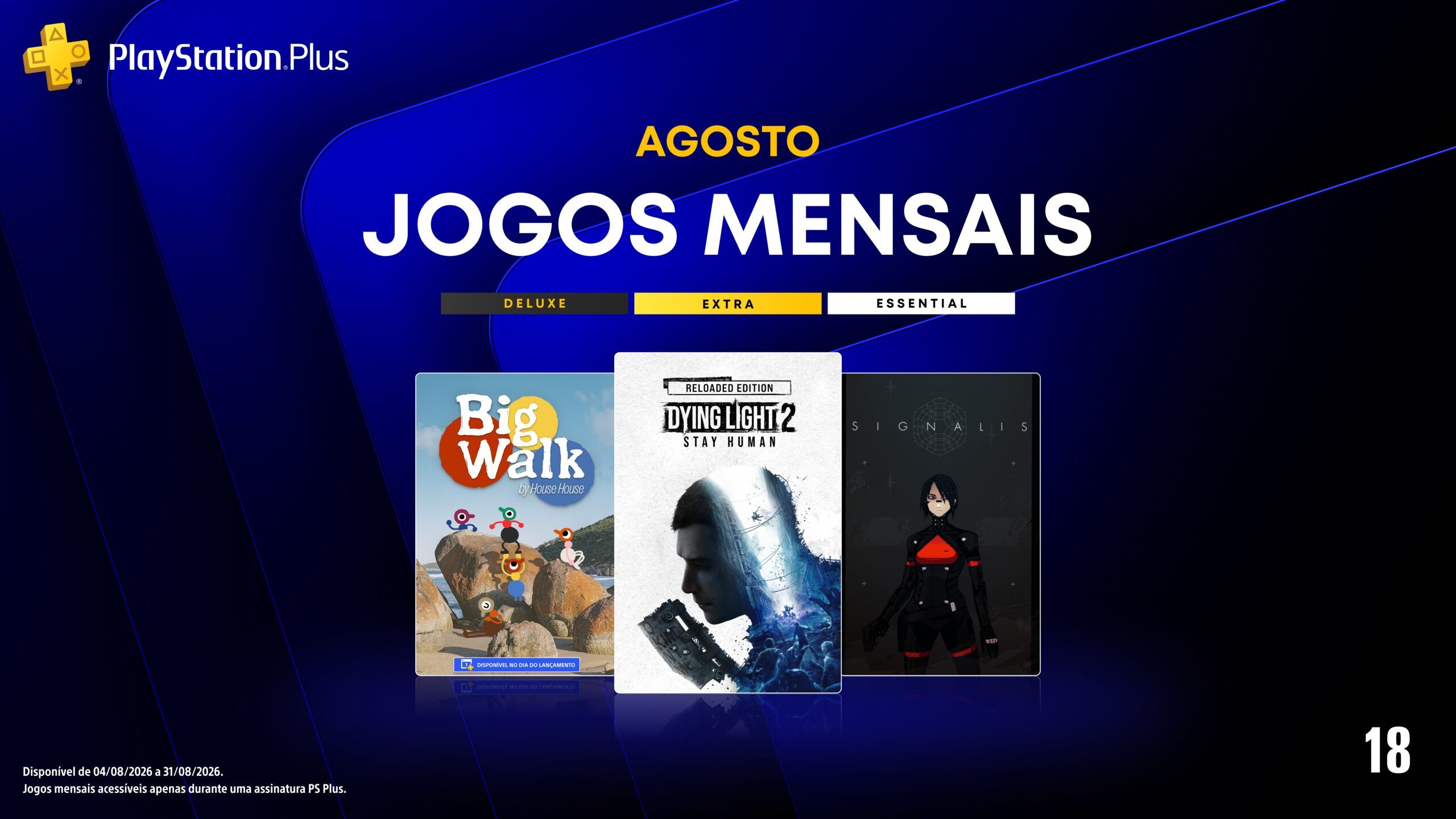 Arte oficial dos jogos mensais do PlayStation Plus de agosto de 2026: Dying Light 2, Big Walk e Signalis